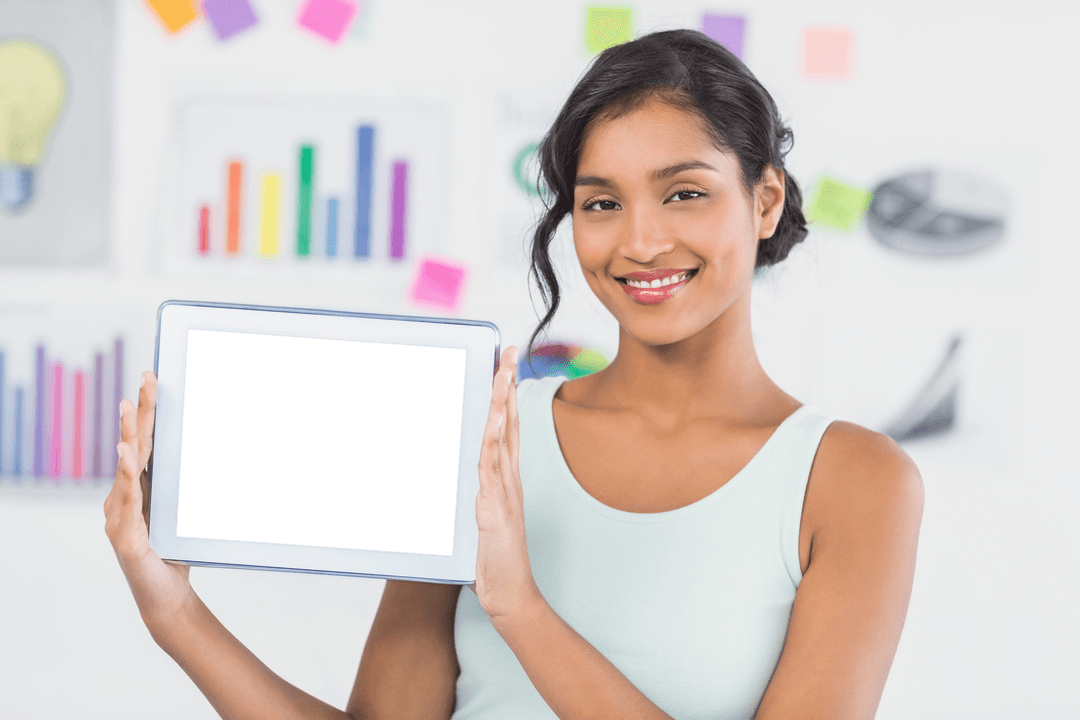 Smiling Woman Presenting Tablet with Transparent Screen in Modern Office