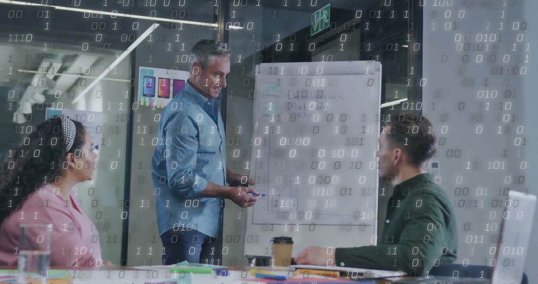 Business Presentation in Modern Office with Overlay Binary Code