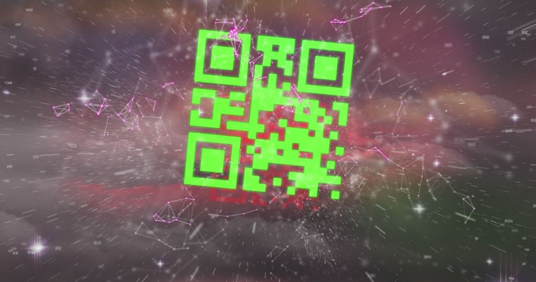 Green QR Code and Web Connections in Space Galaxy Scene