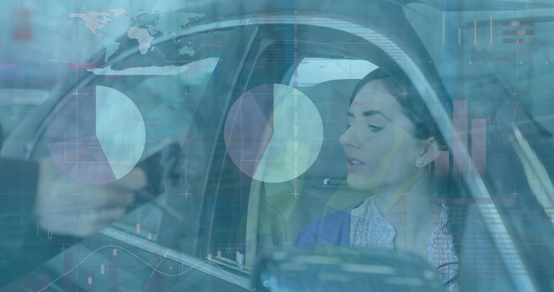 Businesswoman Analyzing Data on Transparent Screen in Car