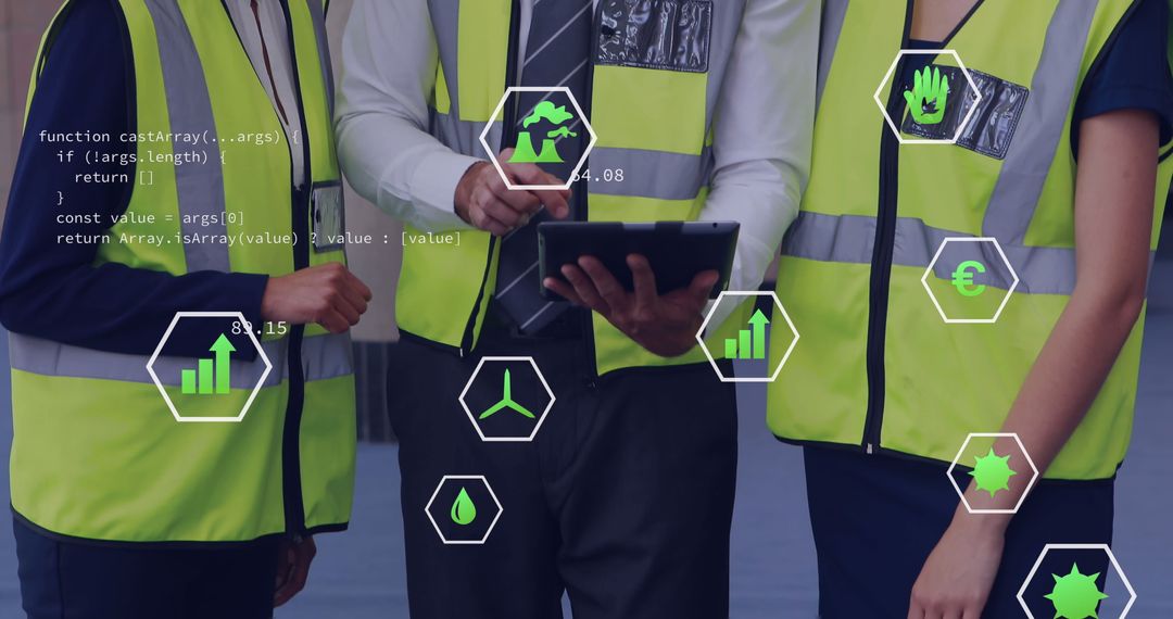 Business Team Analyzing Digital interface with Sustainability Icons