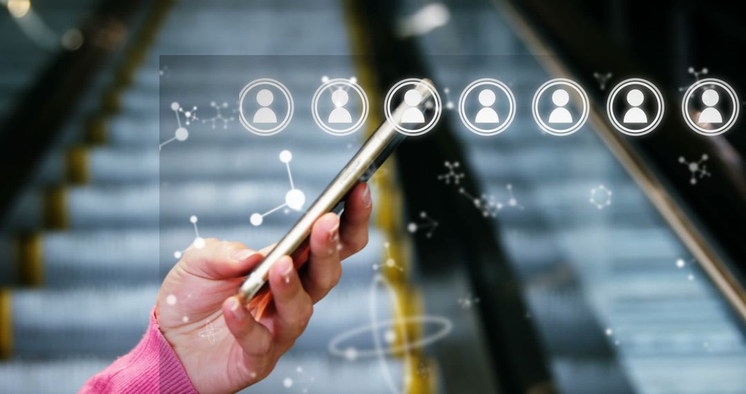 Hand Holding Smartphone with Virtual Media Icons Overlay