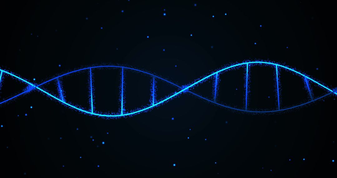 Glowing Blue DNA Strand on Black Background with Digital Particles