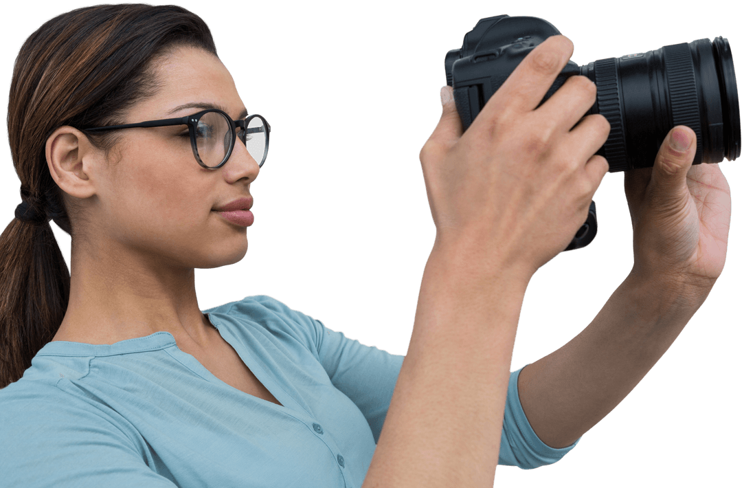Photographer Checking Shots with Camera Against Transparent Background