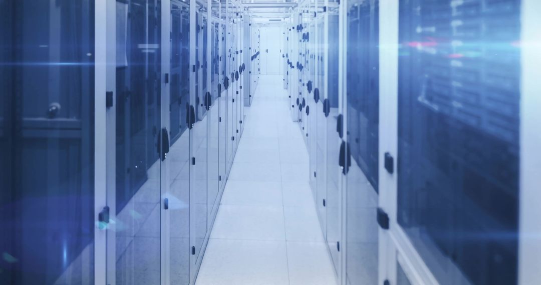 Row of Servers in High-Tech Data Center with Blue Electronic Glow