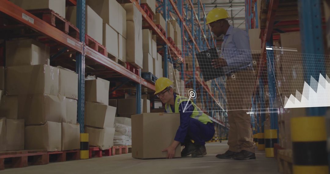 Workers Managing Inventory with Digital Technology Overlay in Warehouse