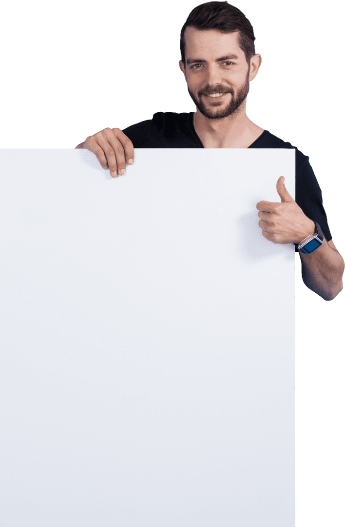 Man Displaying Thumbs Up with Blank Cardboard on Transparent Background