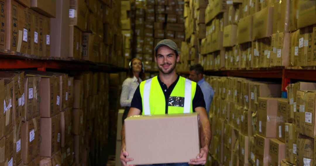 Warehouse worker carrying cardboard box in storage facility - Free Images, Stock Photos and Pictures on Pikwizard.com