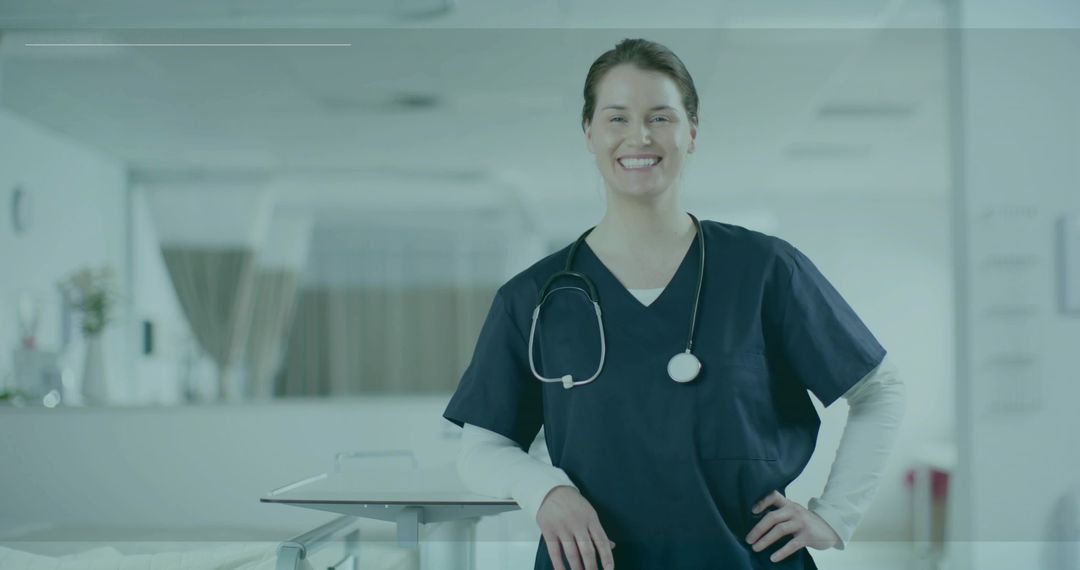 Friendly Nurse in Hospital Corridor with Stethoscope and Scrubs