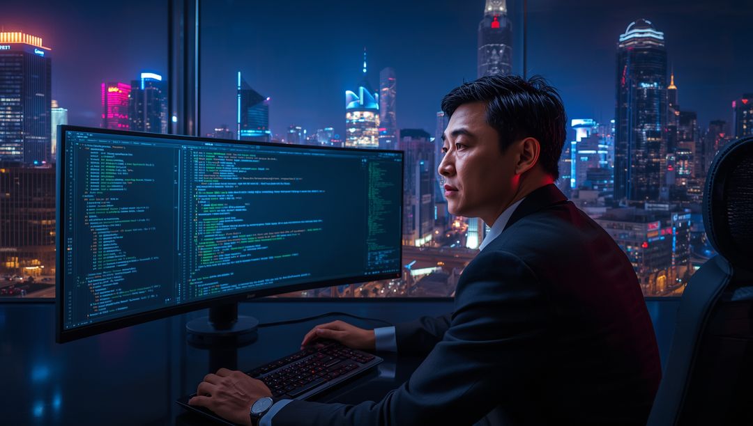 Engineer Coding on High-Tech Monitor in Urban Night Office