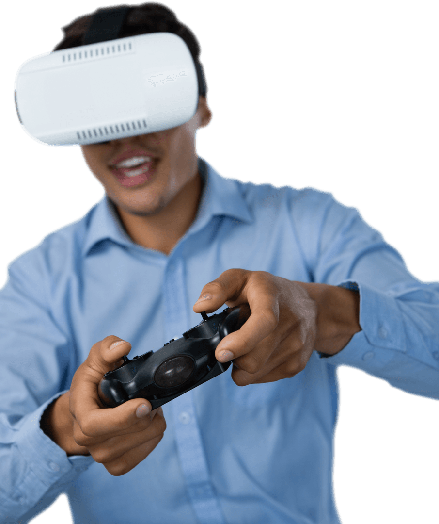 Young Businessman Enjoys Virtual Reality Gaming Transparent Background