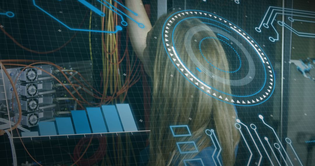 Engineer Managing Server Room with Digital Interface Graphics