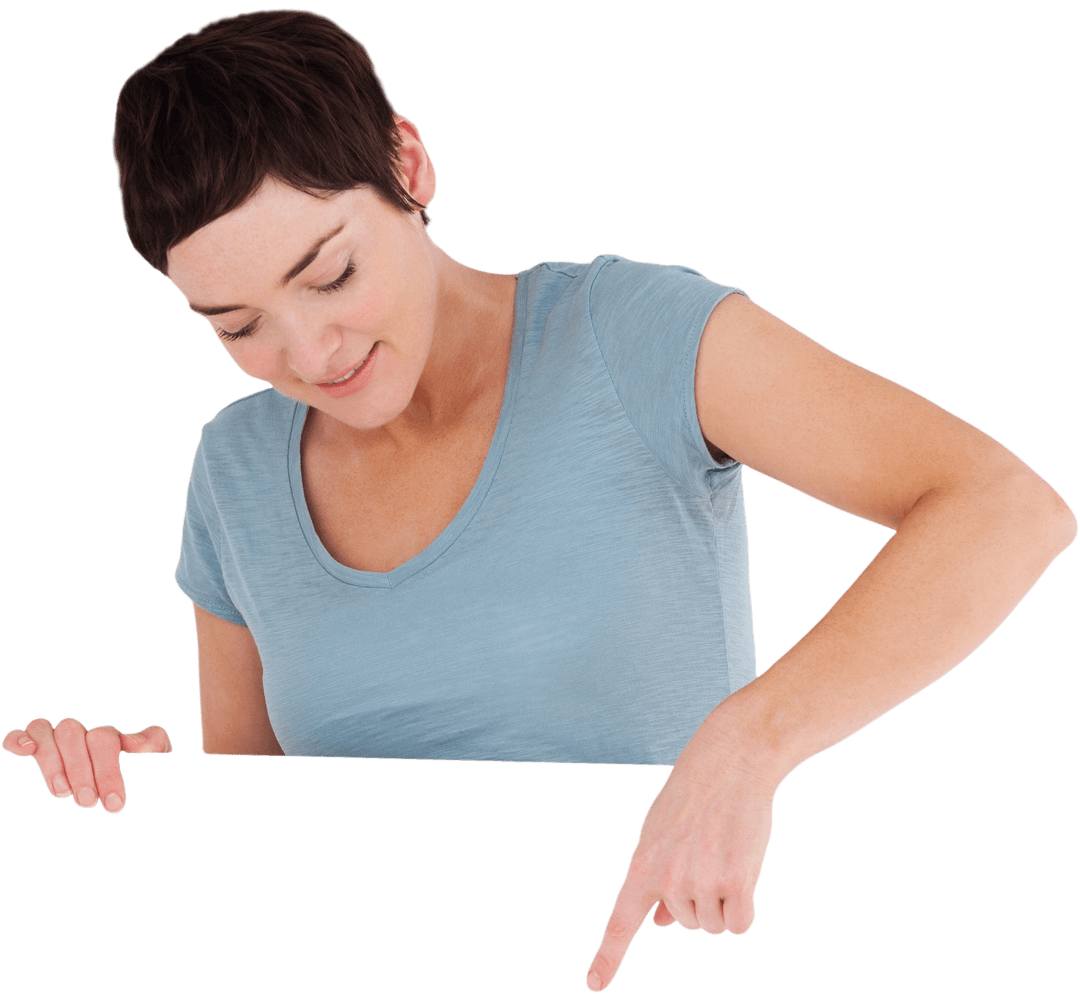 Confident Woman Presenting Transparent Information Banner