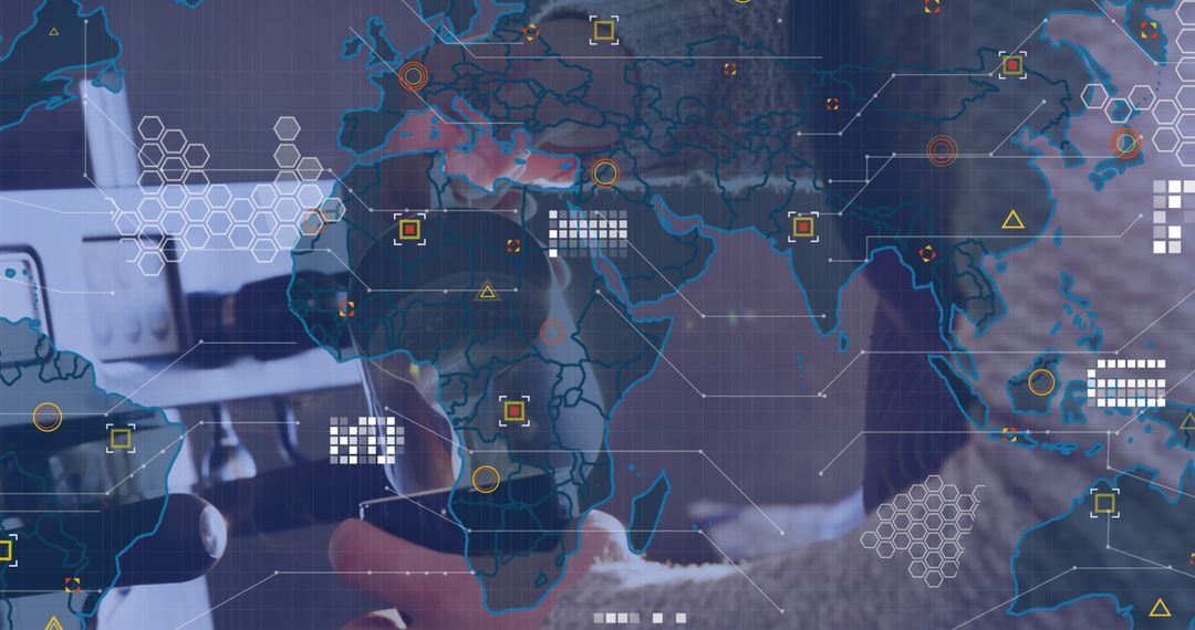 World Map Overlay and Coffee Making Illustrating Global Data Networking