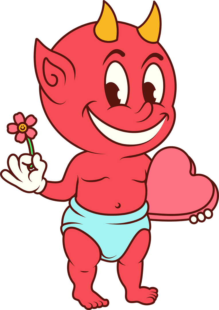 Cute Baby Devil with Heart and Flower on Transparent Background