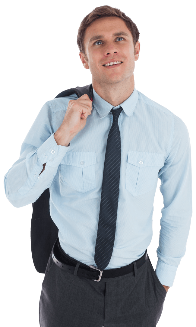 Smiling Businessman with Tie and Jacket on Shoulder on Transparent Background