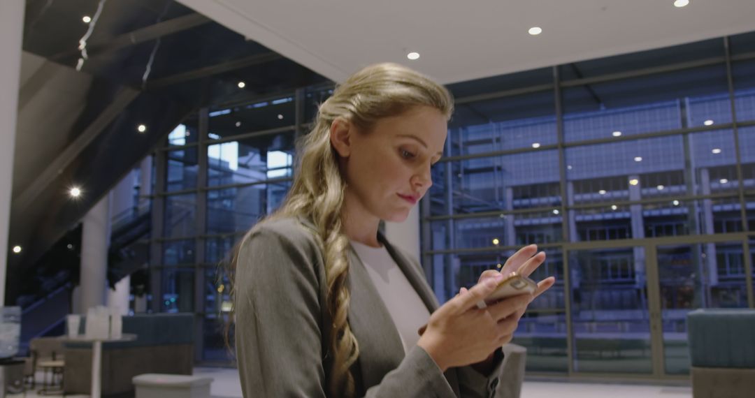 Businesswoman Checking Smartphone in Modern Office Lobby - Free Images, Stock Photos and Pictures on Pikwizard.com