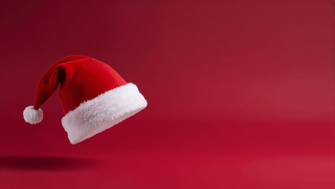 Floating Santa hat with white fur trim on red background, minimalist holiday concept