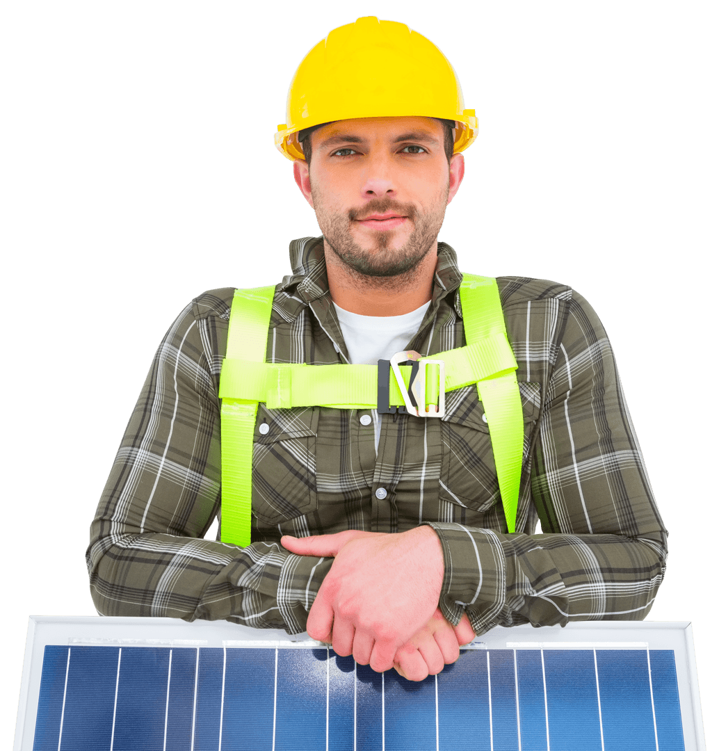 Confident Engineer with Solar Panel Transparent Background