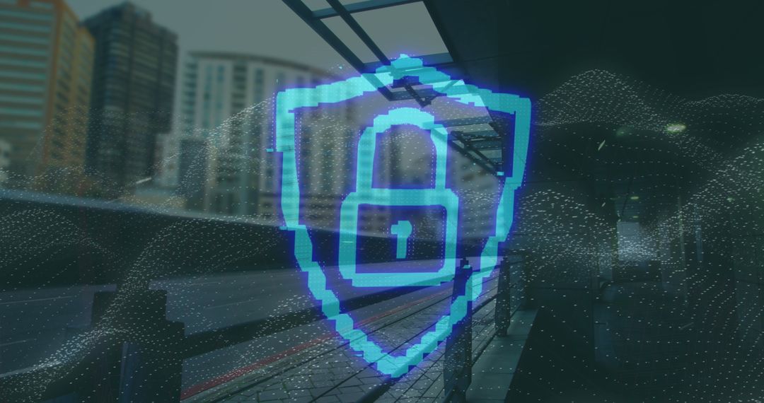 Digital Security Symbol with Futuristic City Background