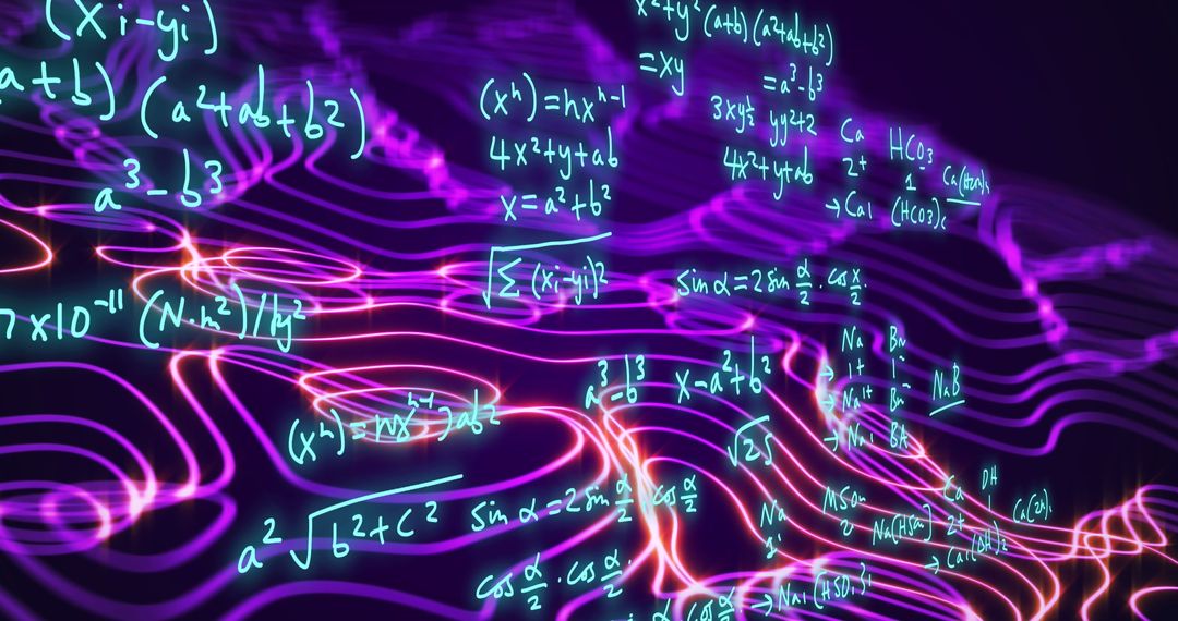 Abstract Network Connections with Mathematical Formulas in Glowing Lines