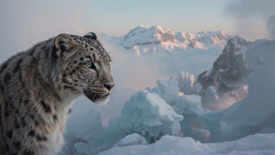 Snow Leopard Stalking in Majestic Snow-Covered Mountains