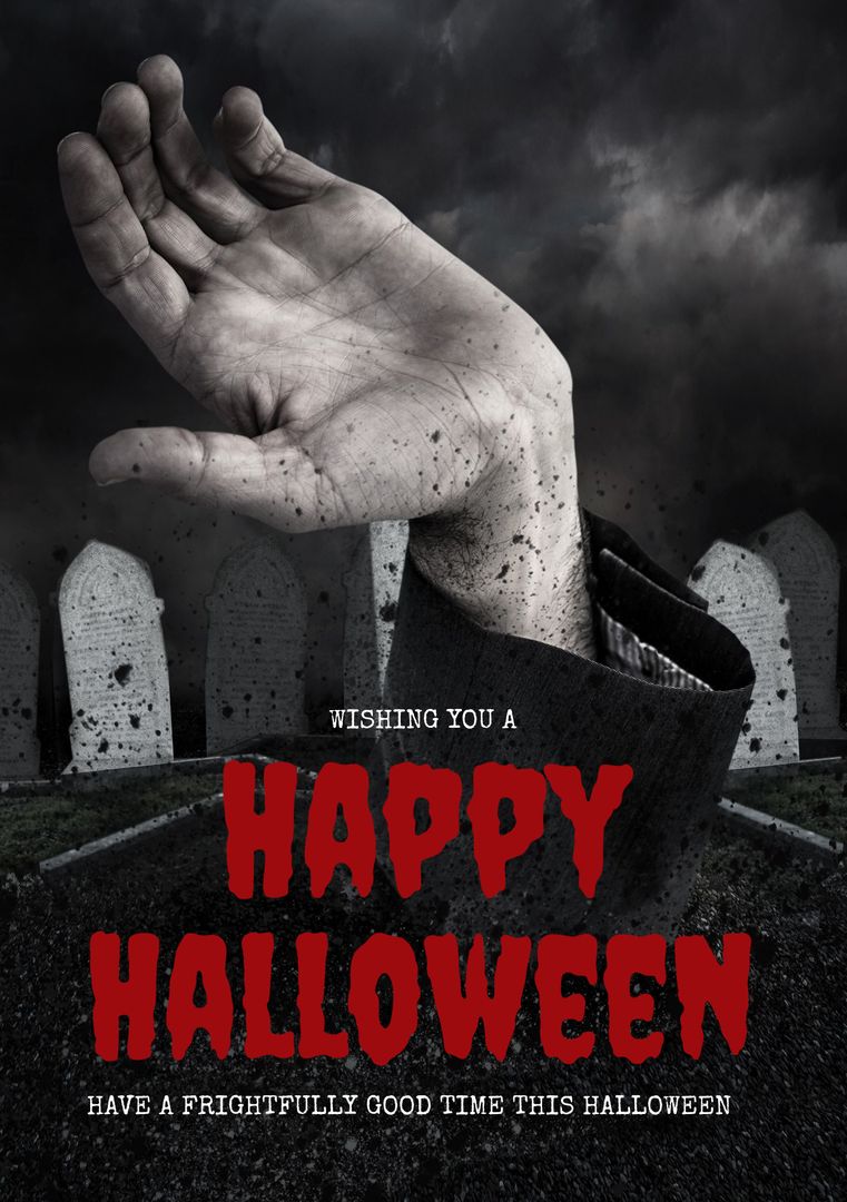 Eerie Halloween Greeting Card with Rising Hand and Tombstones