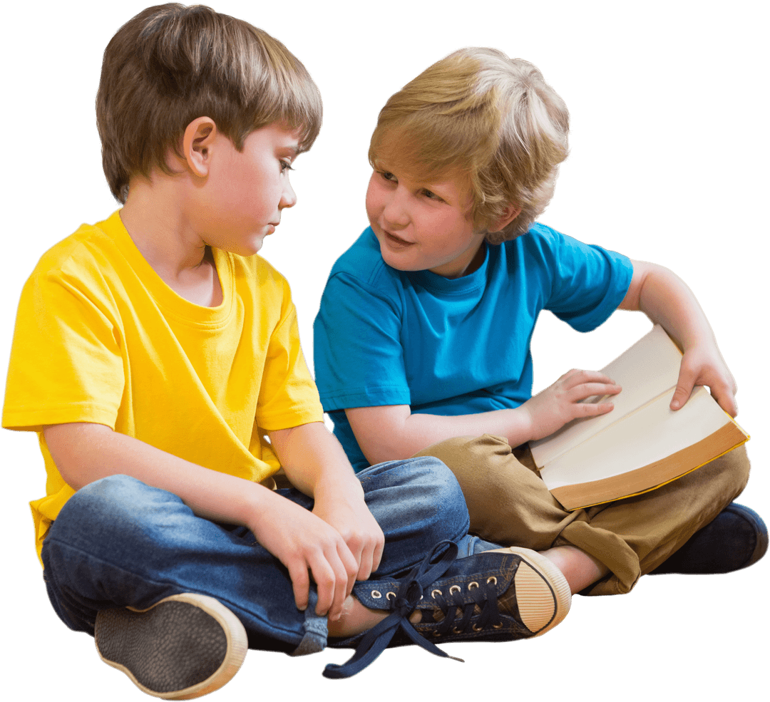 Transparent Image of Children Reading Book Together on Floor