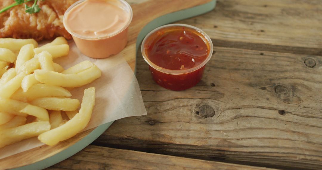 Close-up of French Fries with Sauces on Rustic Wooden Table - Free Images, Stock Photos and Pictures on Pikwizard.com