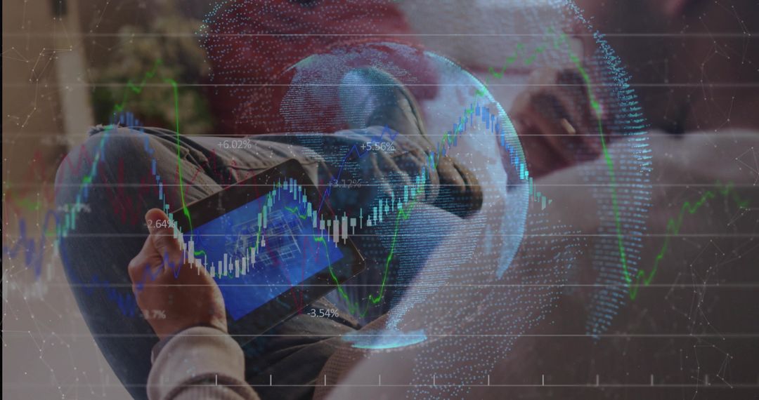 Reclining Asian man tracking markets on tablet, data charts and holographic globe overlay
