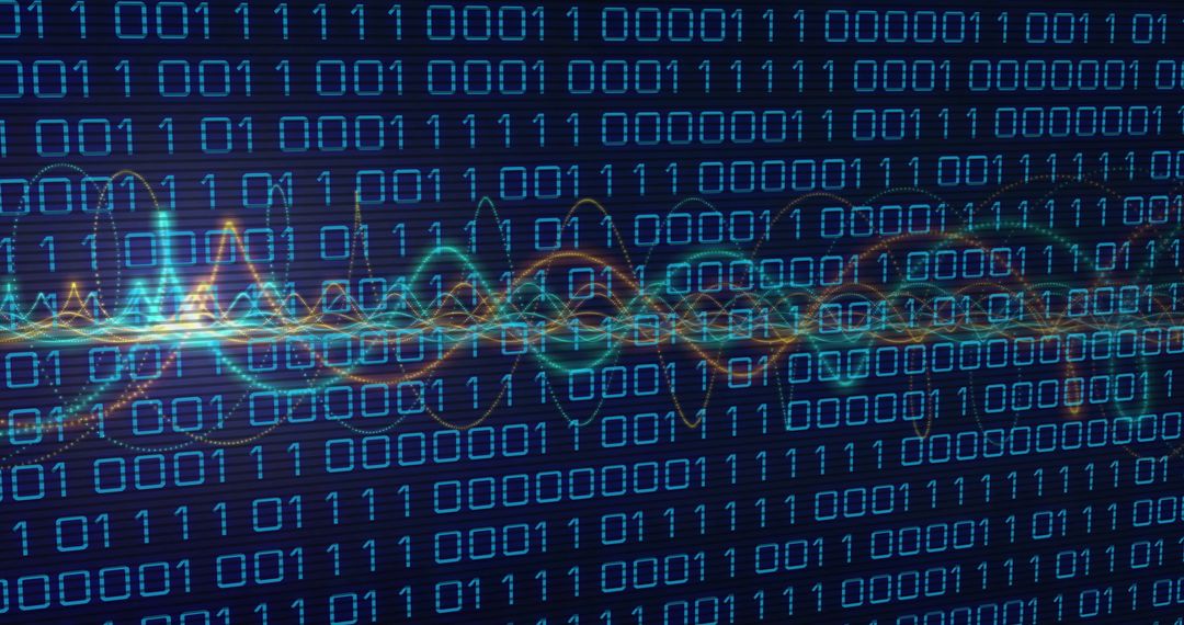 Binary code with neon light trails and data waves