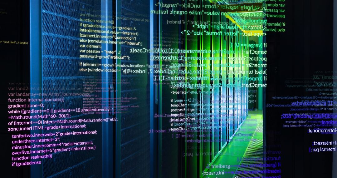Digital Code Projected on Modern Server Room