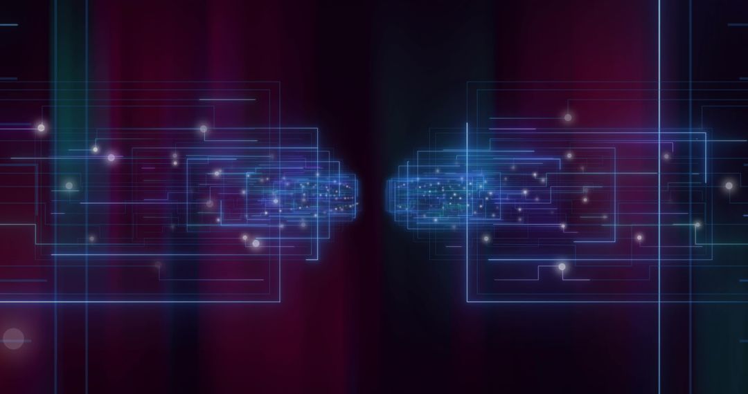 Neon Circuit Grid Converging into Futuristic Tunnel of Glowing Nodes and Cyan Wireframes