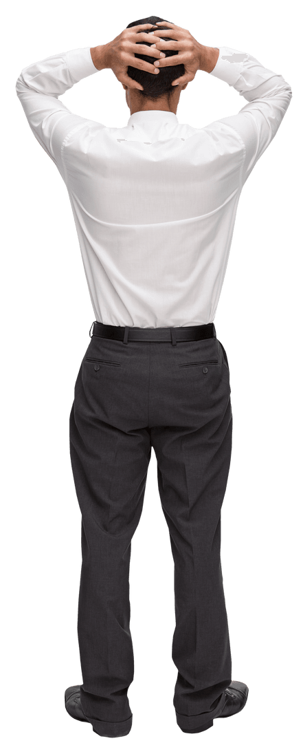 Transparent Businessman Standing Back Hands on Head Contemplating