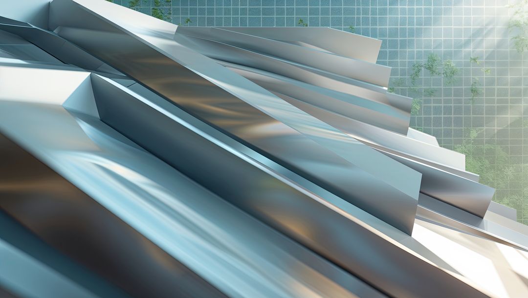 Futuristic Reflective Metal Panels with Grid and Greenery