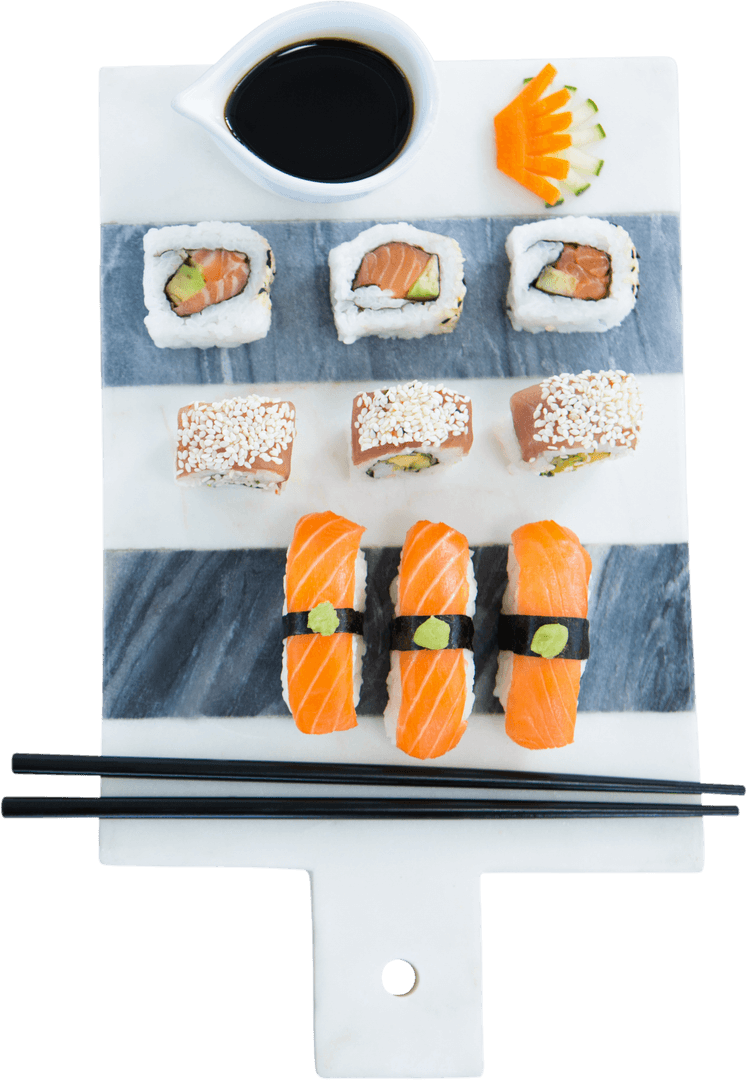 Transparent Overhead Sushi Assortment on White Marble Board
