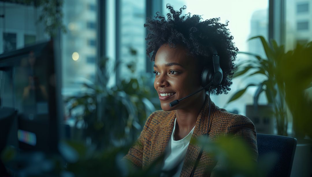 Customer Support Agent Wearing Headset in Modern Office Setting