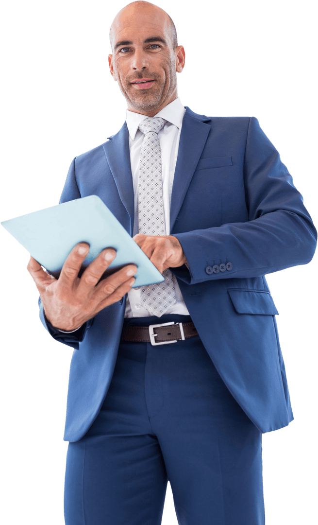 Confident Businessman in Blue Suit Holding Tablet Smiling Transparent Background