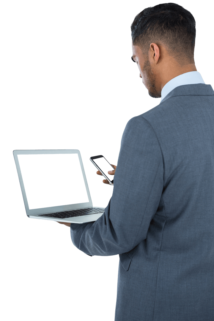Rear View of Businessman with Laptop and Transparent Usability
