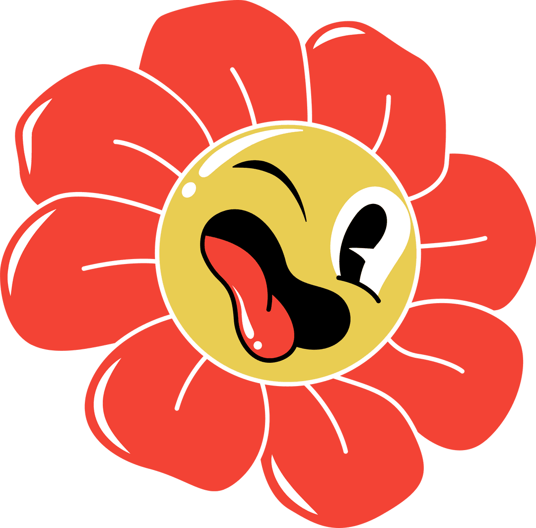 Playful Cartoon Flower Winking with Red Petals on Transparent Background