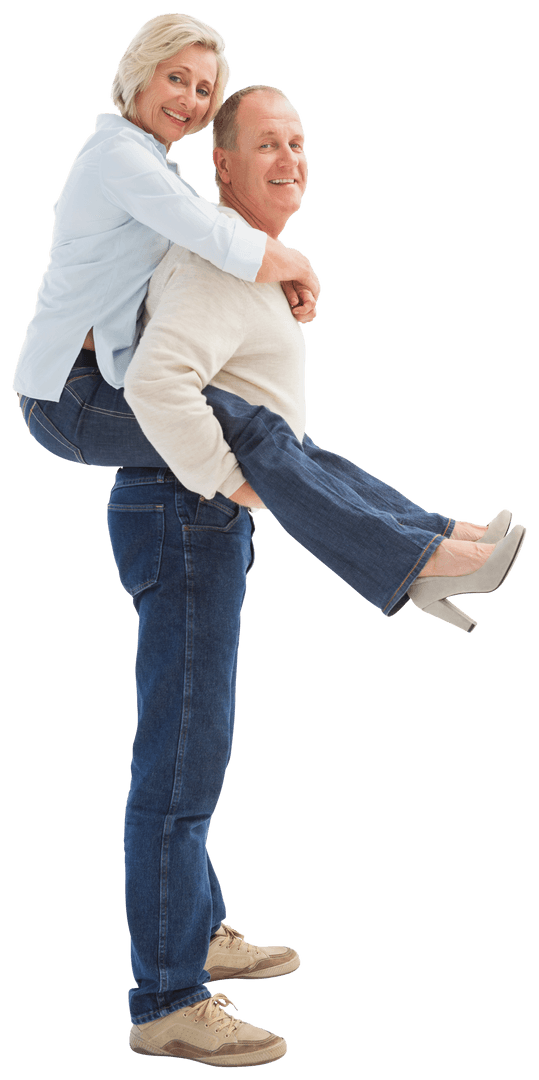 Transparent Joyful Senior Couple Playfully Piggyback Riding