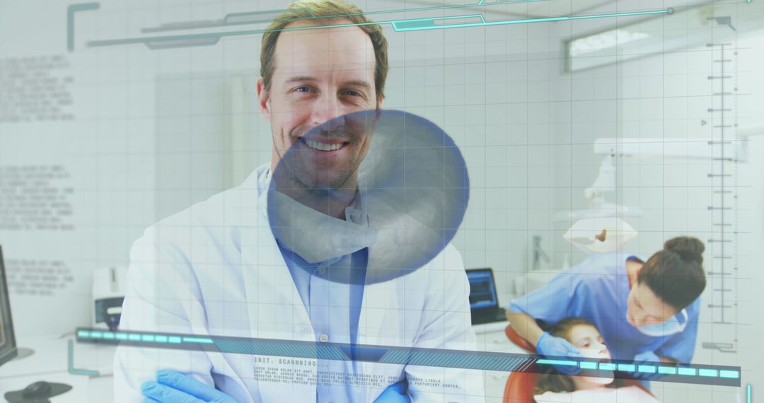 Smiling Dentist Overlays Digital Tooth Scan Data in Modern Clinic