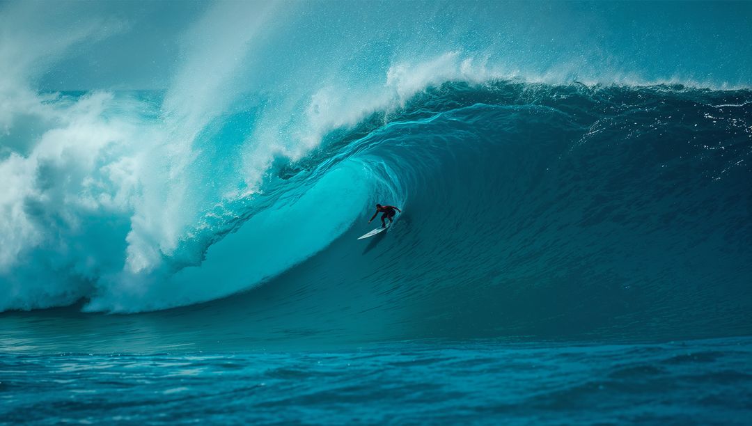 Surfer Mastering Powerful Turquoise Wave with Skill and Precision
