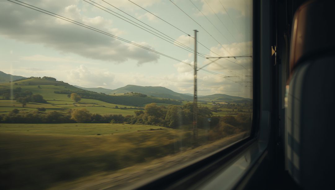 Serene Countryside View from Fast-moving Train Window