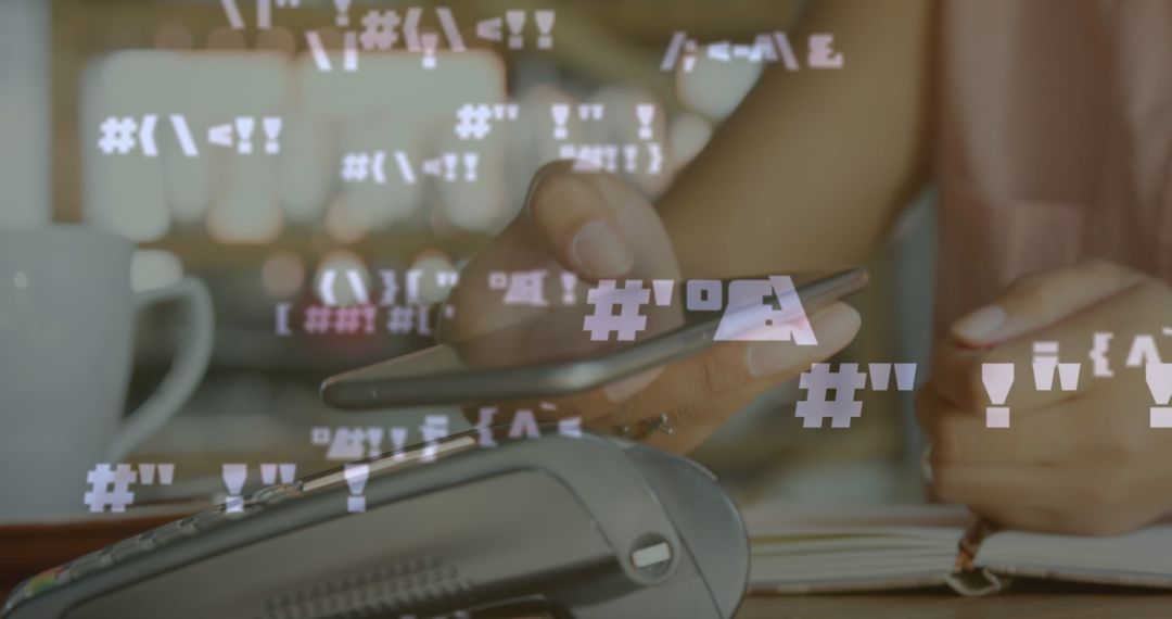 Digital Interface with Symbols Overlaid on Smartphone Featuring Data Transfer