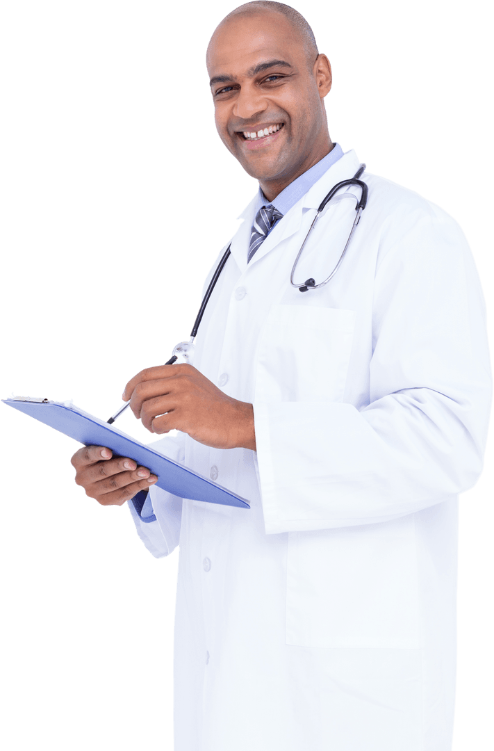 Smiling Doctor Taking Notes on Transparent Background