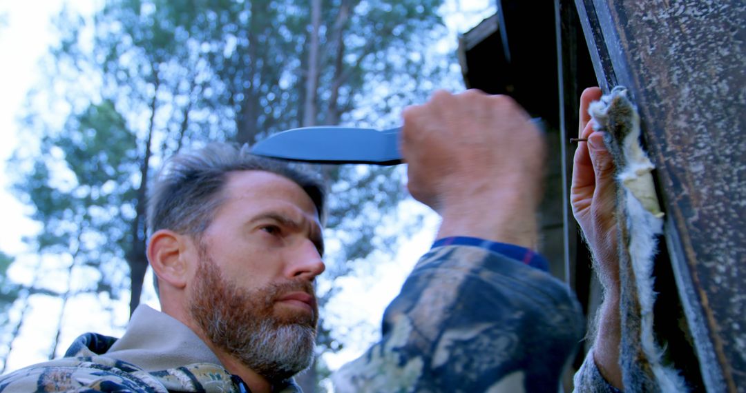 Bearded Man Sharpening Knife in Forest Environment - Free Images, Stock Photos and Pictures on Pikwizard.com