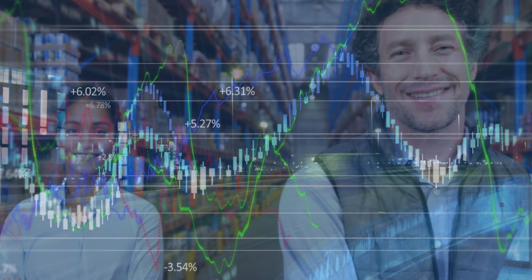 Warehouse Workers with Data Overlay Illustrating Global Shipping and Analytics