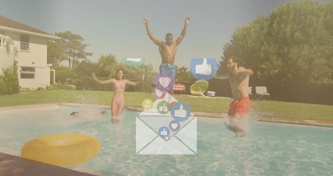 Splashing Friends Enjoying Outdoor Backyard Pool Fun