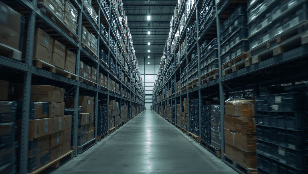 Spacious Warehouse Aisle with Tall Metal Shelving and Packed Boxes